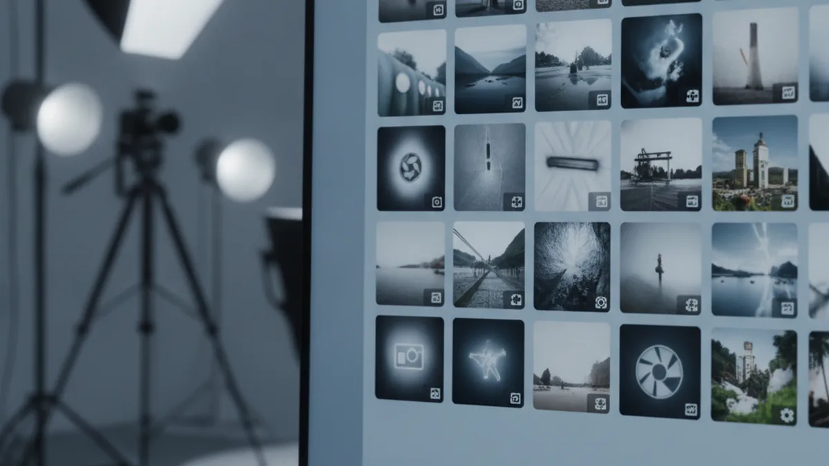 A photo library grid with small AI tag overlay icons on each thumbnail, studio camera equipment blurred in the background