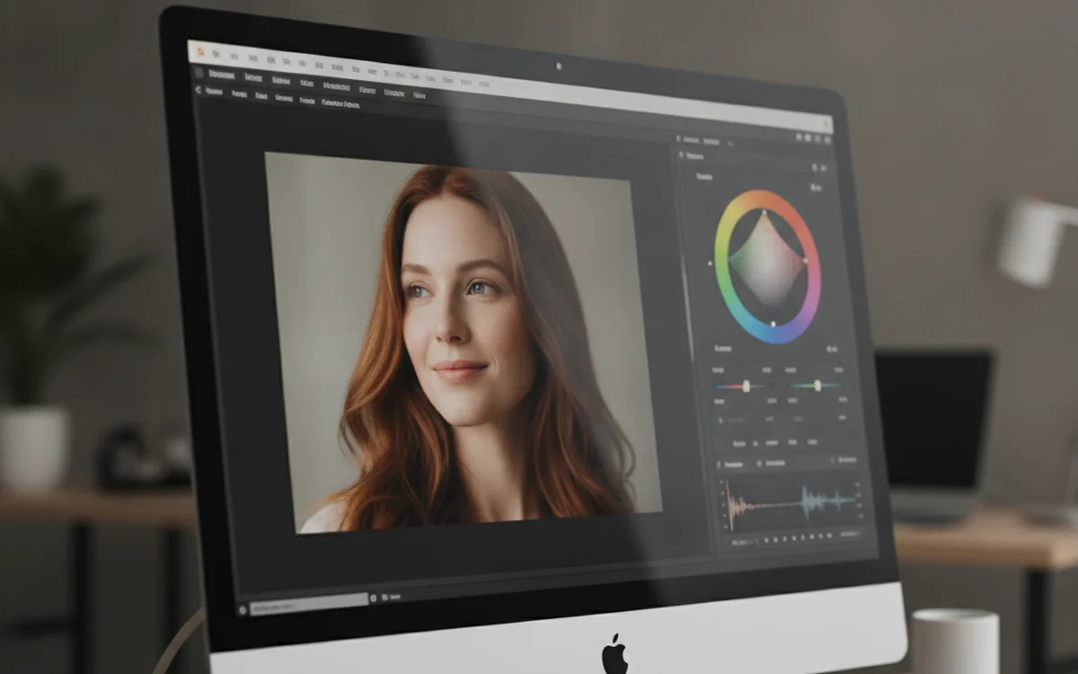 Desktop monitor showing a portrait retouching session with a color grading wheel panel open