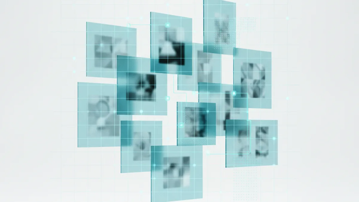 Abstract visualization of overlapping photo thumbnails with a grid and hash pattern overlay