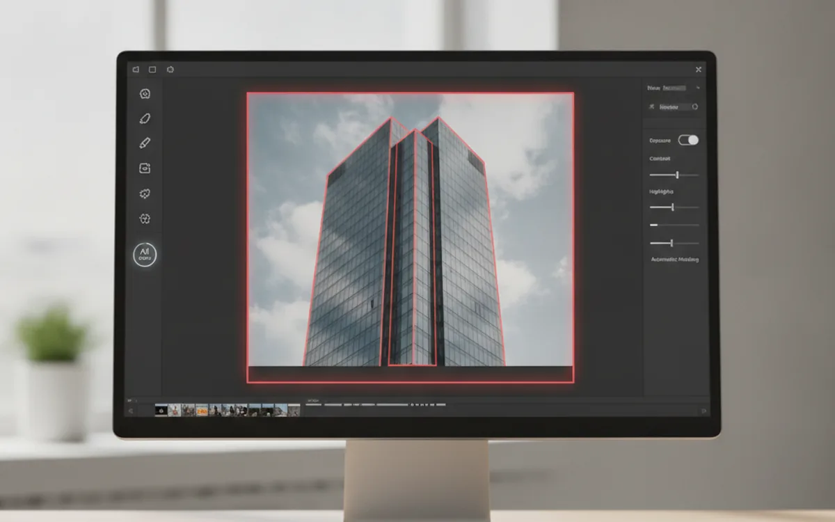 Desktop photo editing software showing an AI-generated selection mask traced around a building's edges