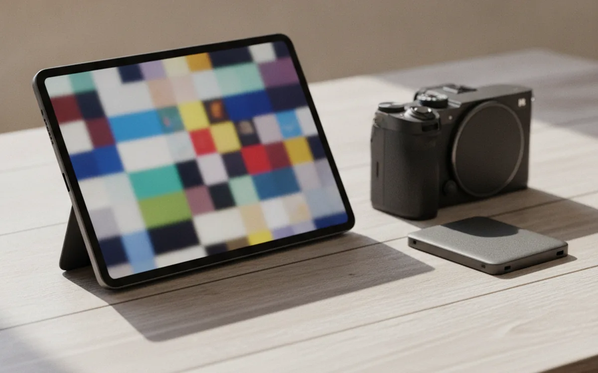 A compact tablet propped on a desk beside a mirrorless camera body and a portable storage drive