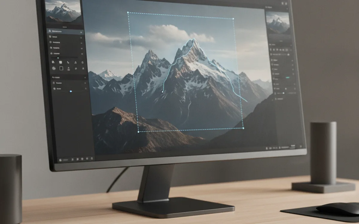 Desktop photo editing software interface with a selection boundary drawn around a mountain landscape and a soft AI generative-fill highlight inside it
