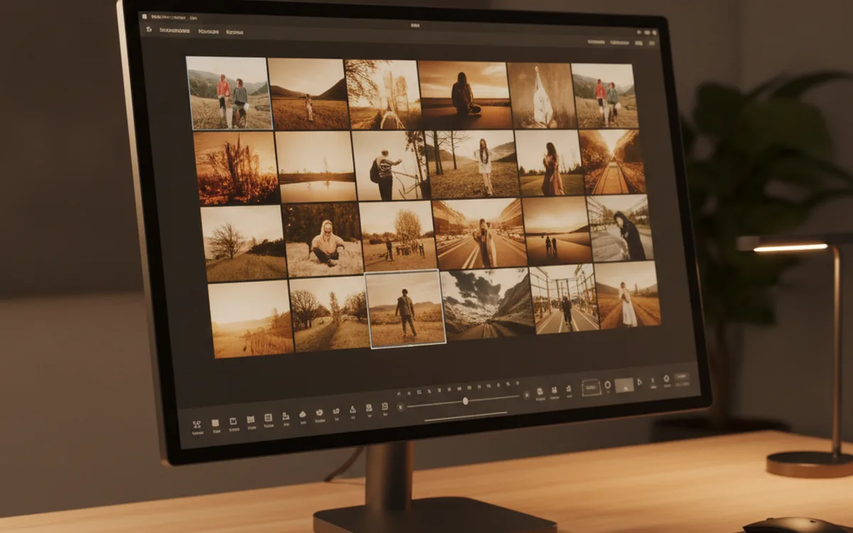 Grid of thumbnail photo previews shown on a desktop monitor during a culling session