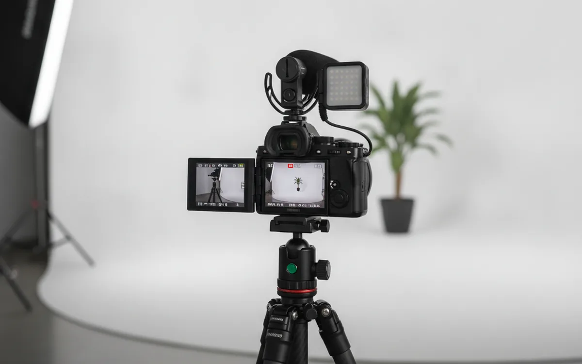 Compact full-frame mirrorless camera mounted on a tripod with a tilting screen and an external monitor attached