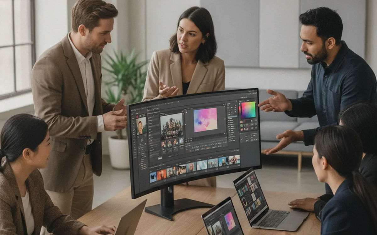 Software team reviewing photo and image editing app interfaces on a shared monitor