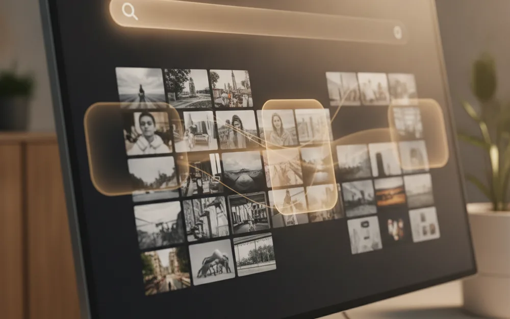 A monitor showing a search bar above a photo grid being filtered and grouped by visual similarity