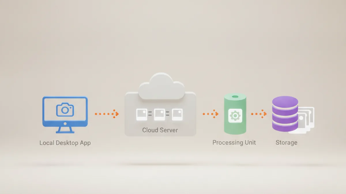 Diagram of a batch photo processing pipeline moving from a local desktop app to a cloud server queue
