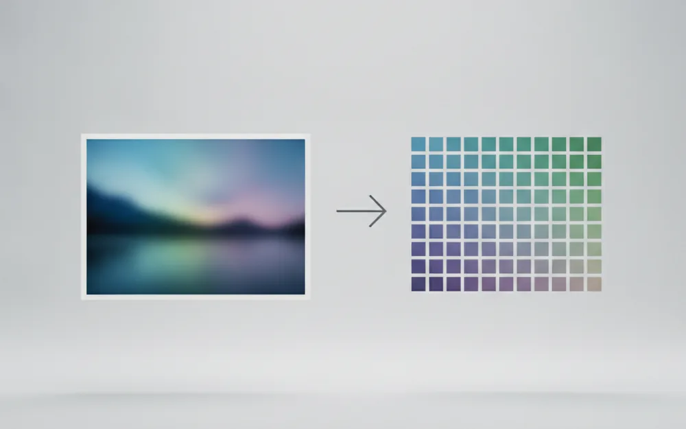 Diagram of a photo being downsampled into a small grid representing a perceptual hash