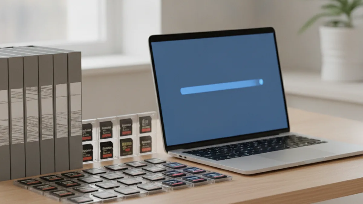 Photo archive folders and memory cards organized next to a laptop during a file migration